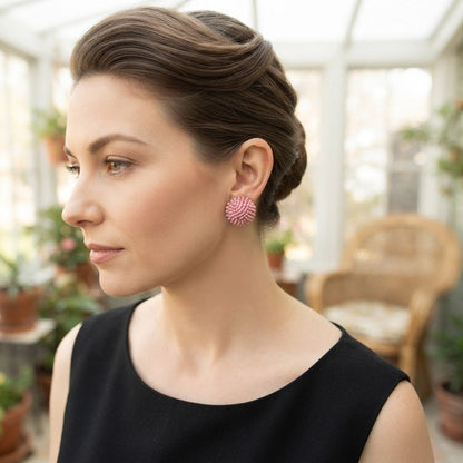 Vintage Pink Seed Bead Clip-On Button Earrings Mid-Century Glamour