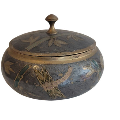 Vintage Jewelry Asian Bamboo Cloisonné Round Brass Trinket Lidded Powder Box