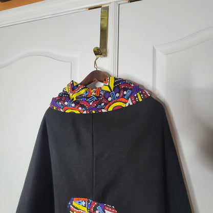 Afrocentric Cowl Neck Poncho Graphic Cape Ankara Trim Black Boho Cozy DrapeCore