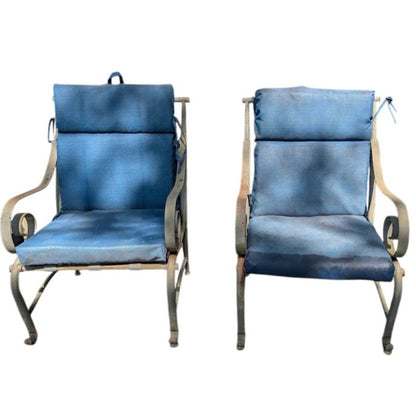 SECONDHAND SANDIES: Pair of outdoor metal chairs with cushions