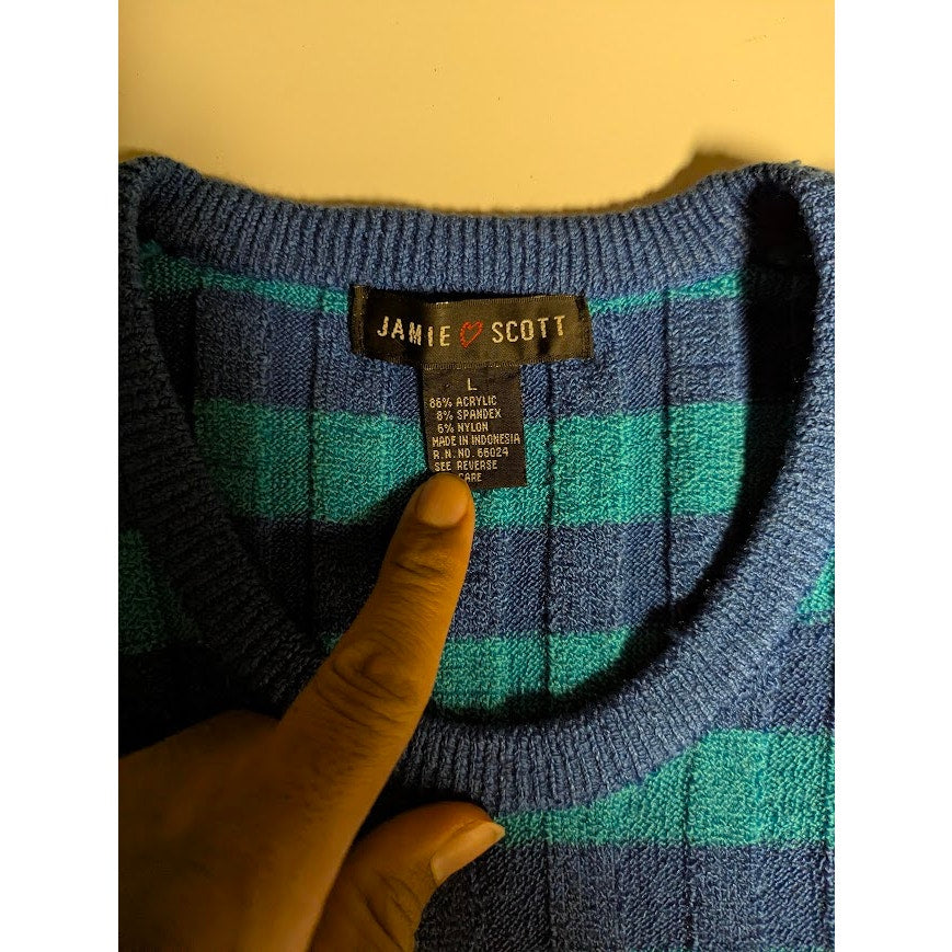 Jamie Scott knit Large Blue Teal striped Sleeveless Sweater top preppy 90s Mod