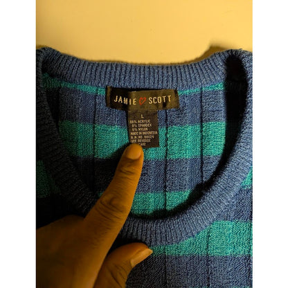 Jamie Scott knit Large Blue Teal striped Sleeveless Sweater top preppy 90s Mod