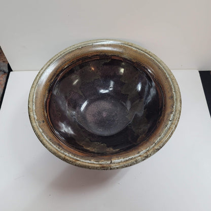 Handmade pottery bown rim brown Signed Salt Glazed Dripware Art Earth tones 8"