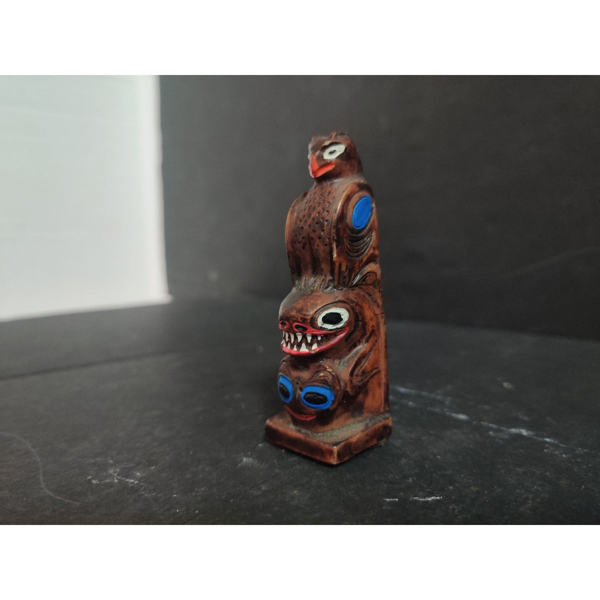 Vintage Handcrafted Wooden Totem Pole Miniature Figurine Made 3" Alaska Souvenir