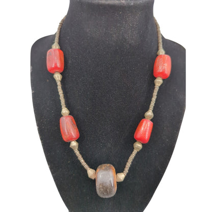 Vintage Boho Chunky Burnt Orange Resin & Carved Wood Bead Necklace statement