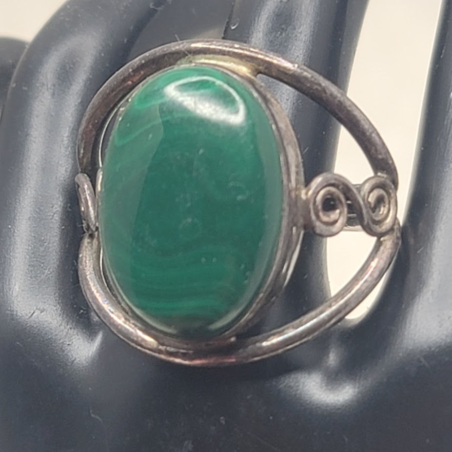 Vintage Sterling Silver Malachite Statement Ring Art Nouveau Swirl Size 9