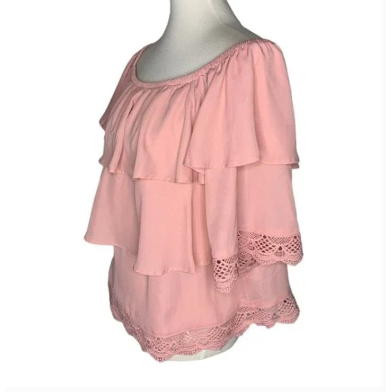Gibson Size Small Pink Blouse Top Flounce Tiered Embroidery Lace Detail
