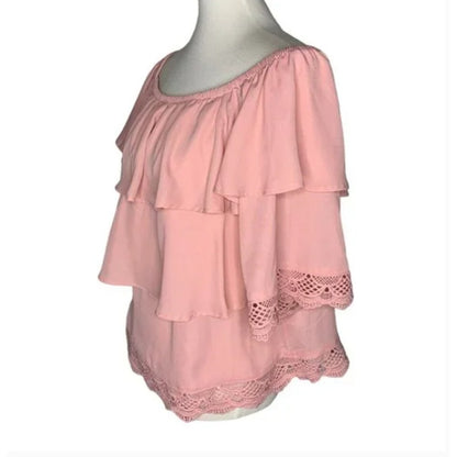 Gibson Size Small Pink Blouse Top Flounce Tiered Embroidery Lace Detail