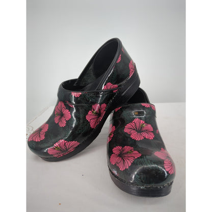 Dansko Patent Leather Clogs Black Pink Floral Professional Nursing Shoes Sz 41