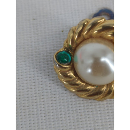 Vintage 80s Gold Twisted Knot Faux Pearl Red Green Rhinestone Clip On Earrings