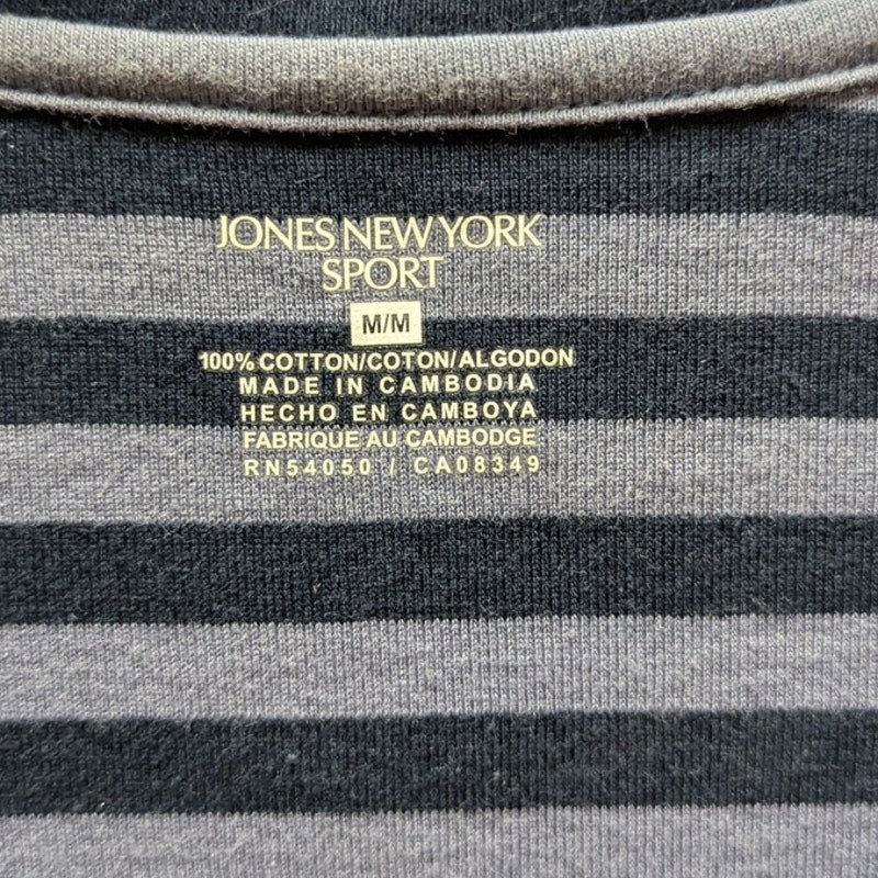 Jones New York Sport Striped V-Neck Top Womens Medium Blue Grey Cotton Tee