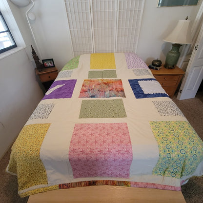 Handmade Vintage Patchwork Square Block Quilt Retro Chic Boho Heirloom QUEEN