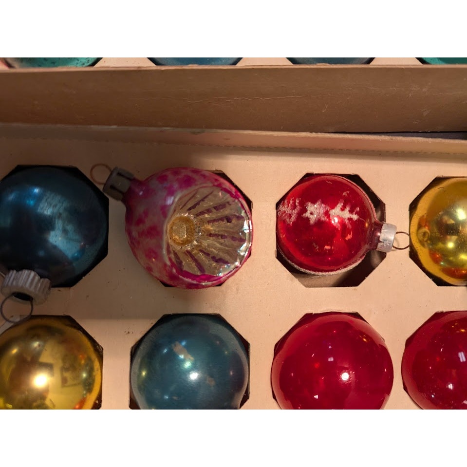 2 boxes (24pcs) Hand Blown Christmas glass ornaments Shiny Brite Multicolor 2"