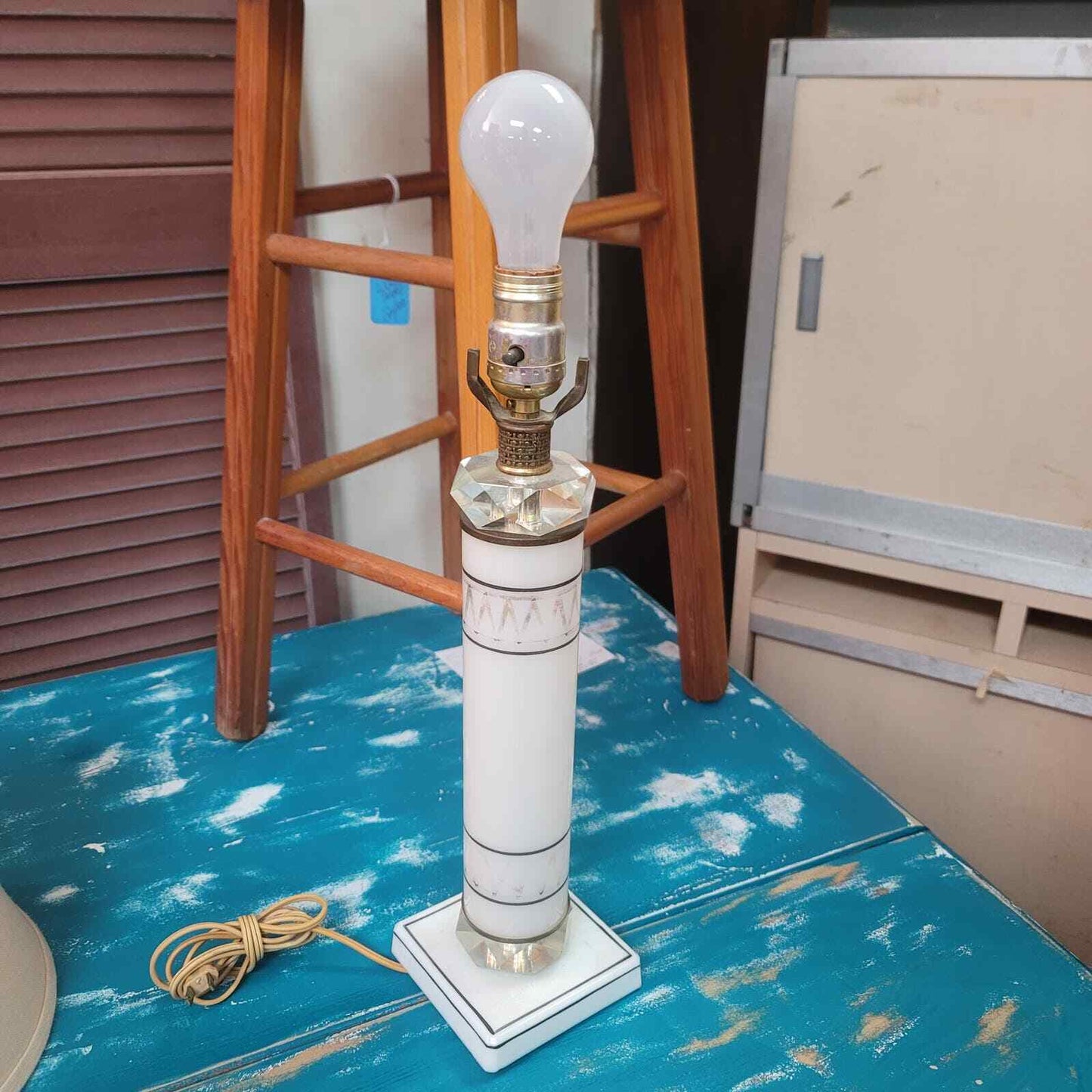 Vintage Hollywood Regency DECO glass White marble LAMP Cylinder Handpainted