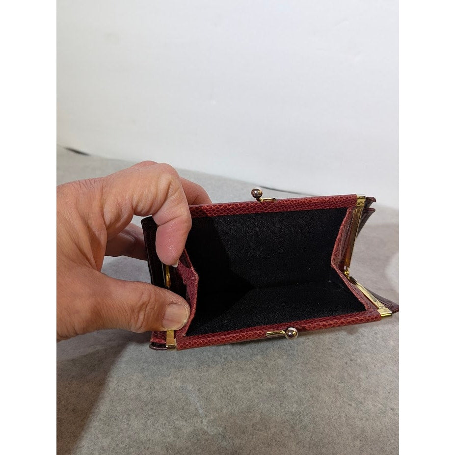 Vintage Anne Klein Lion Logo Burgundy Leather Kiss Lock Wallet 1990s