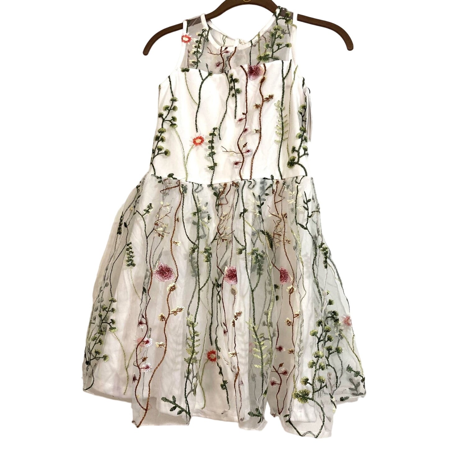 Calvin Klein Sleeveless Embroidered Mesh Overlay Girls' Dress Size 16 White NWT
