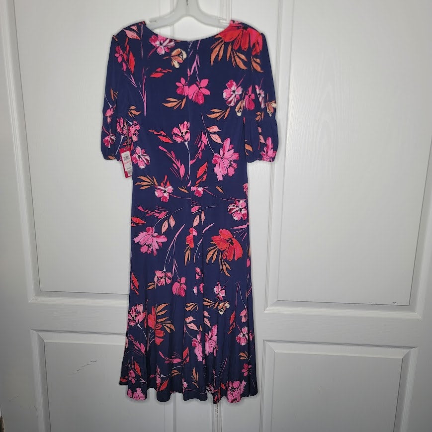 Vince Camuto Size 10 Blue Floral Dress ruched puff sleeve NEW casual career
