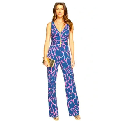 Lilly Pulitzer Sloane broken shaker blue pink giraffe print Jumpsuit Size Medium