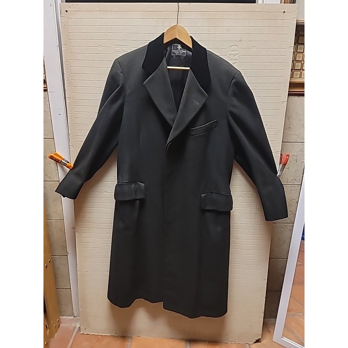 Vintage Abraham & Straus Wool BLEND Pea Coat Mens 39 LONG BLACK herringbone