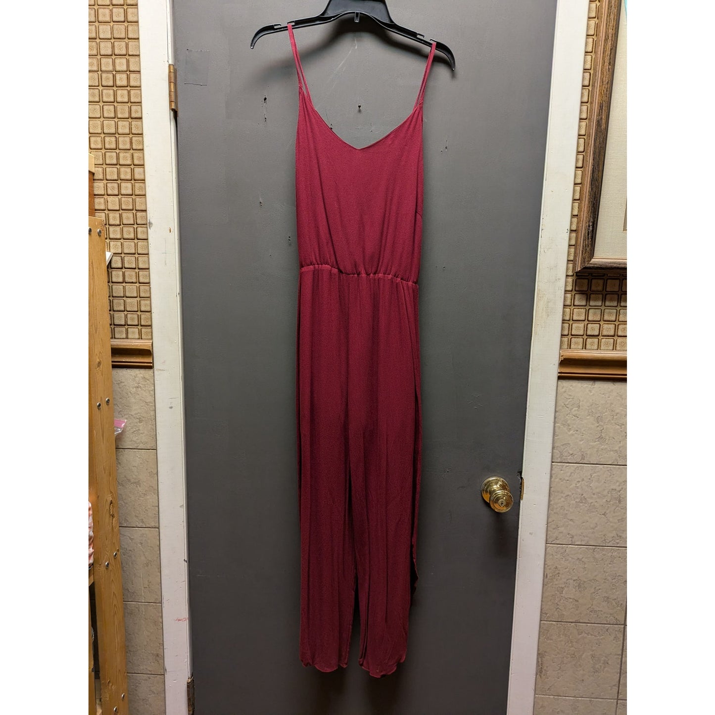 Casual XXL Maroon Spaghetti Strap Wide Leg Belted Jumpsuit Extra Extra Large