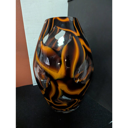 Vintage Tortoiseshell Art Glass Statement Vase LARGE Amber and Orange Swirls