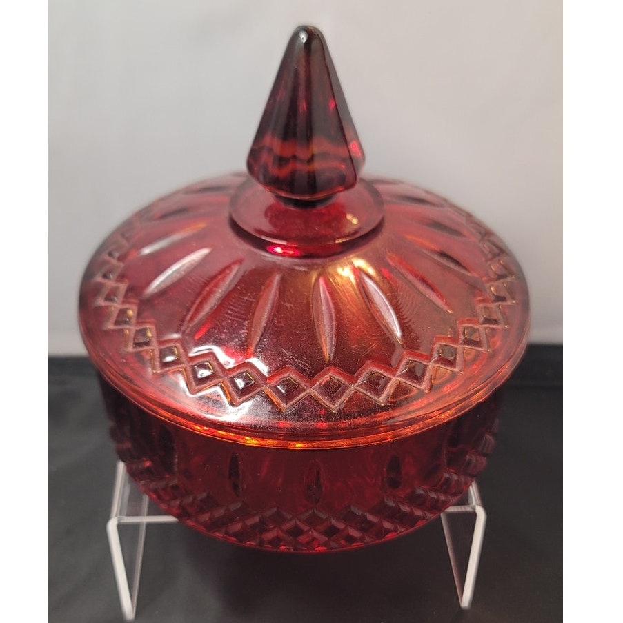 Vintage Flashed Ruby Red Glass Lidded Vanity Powder Jar Candy Dish Gothic