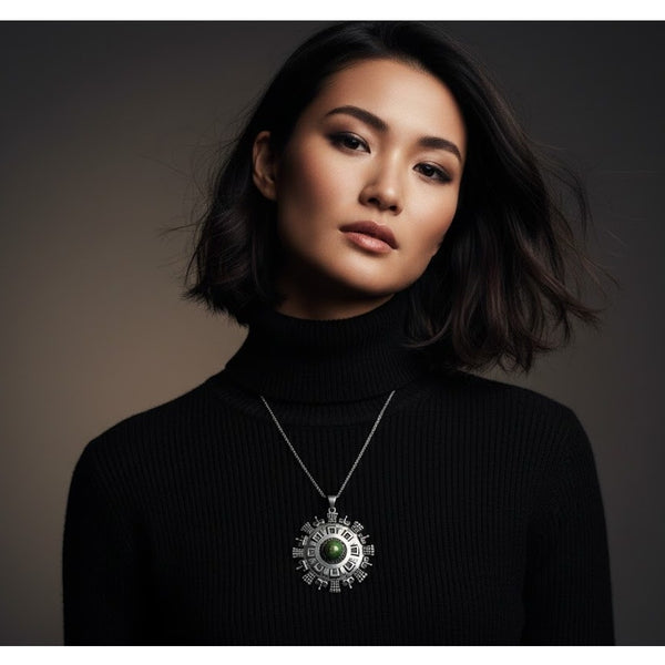 Tribal Falda Art Taxco Sterling Green Turquoise Raw Stone Sun Calendar Pendant