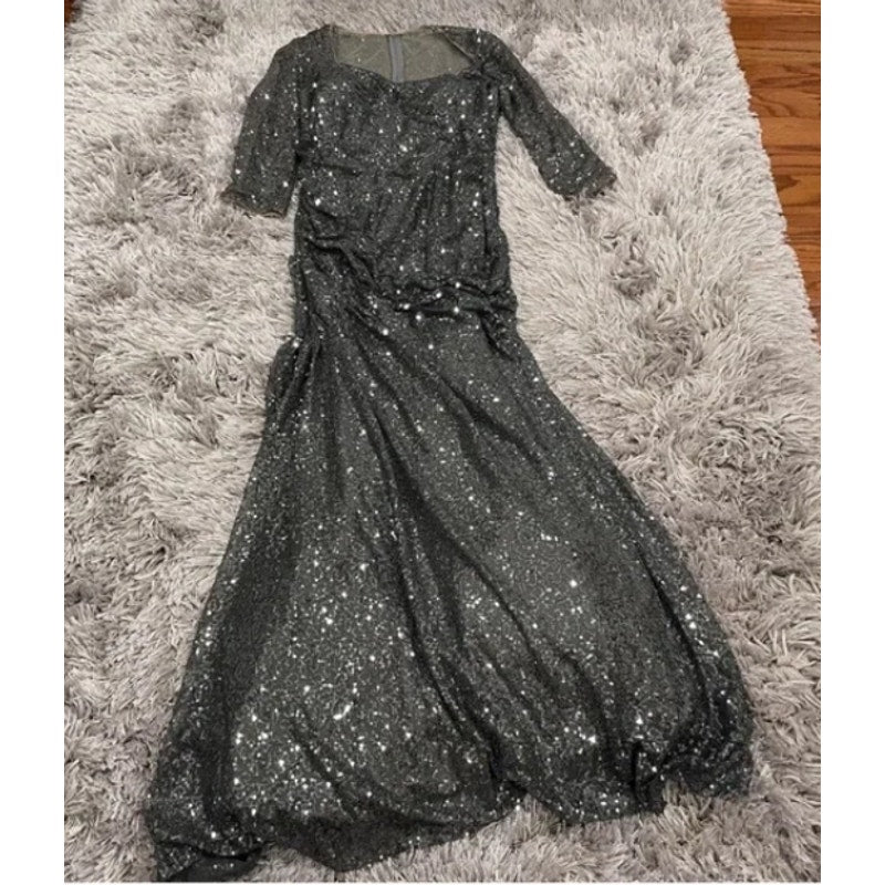 La Femme 28065 Gunmetal Sequin Gown Size 12 Formal Maxi Wedding 3/4 Sleeve NEW
