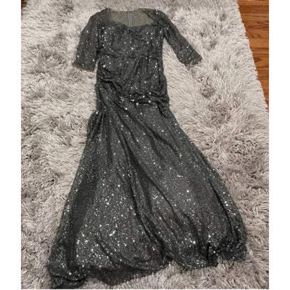 La Femme 28065 Gunmetal Sequin Gown Size 12 Formal Maxi Wedding 3/4 Sleeve NEW
