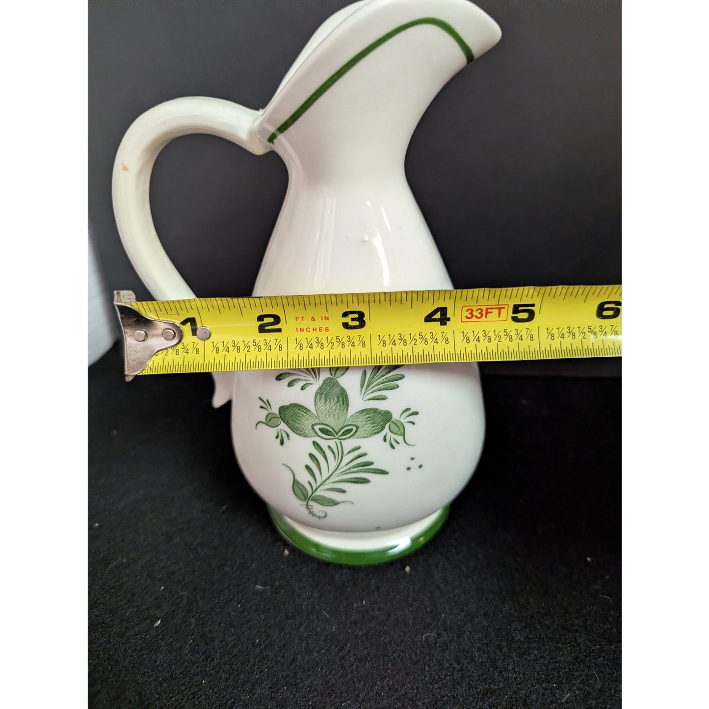 Vintage Hand Painted Green Floral Ceramic Pitcher Vase Japan