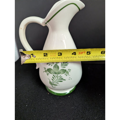 Vintage Hand Painted Green Floral Ceramic Pitcher Vase Japan