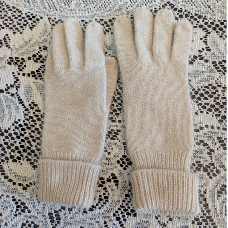 Vintage Aris Knit Gloves - Cream - Angora Rabbit Hair Blend - Ribbed Cuff