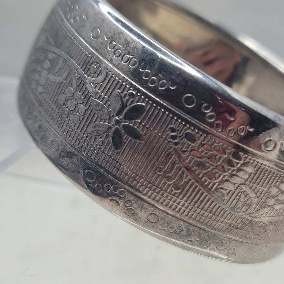 Vintage Etched Silver Tone Bangle Bracelet Floral Pattern Boho Festival