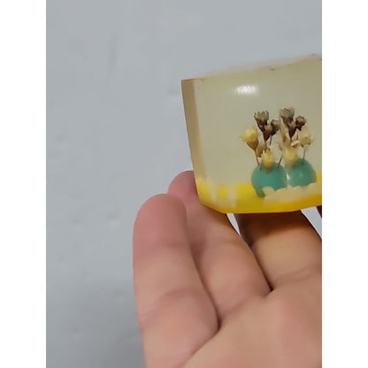 Vintage Facet Lucite Paperweight w/ Flowers Shell Inside