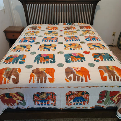 Orange cream elephant tye dye Hand sewn queen full blanket coverlet lightweight