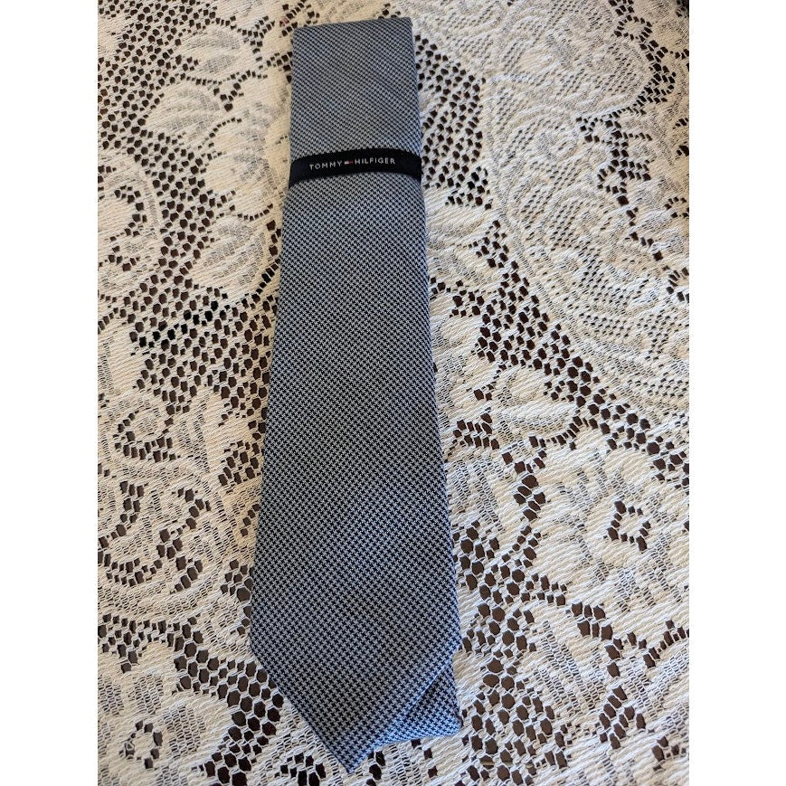 Tommy Hilfiger Tie Grey Blue Micro-Check Silk NWT Corpcore Preppy