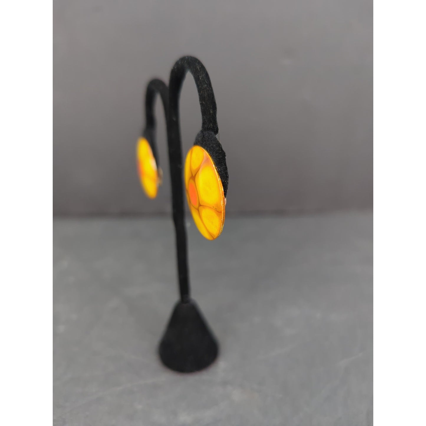 Vintage W. Germany Hand Painted Enameled Metal ClipOn Earrings Orange Yellow