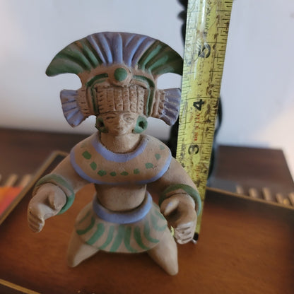Handmade VINTAGE Inca Clay Mayan warrior Figurine Mexico with headdress Kneeling