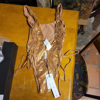 The Bikini Lab One Piece Swimsuit Bathing gold skimpy coverage XS Side strings