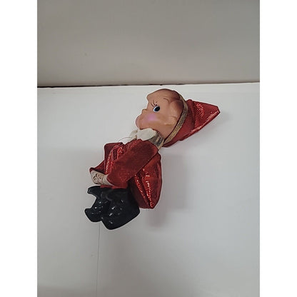 Vintage SMILING Kneehugger Red Gold Metallic Christmas Sitting Elf Ornament