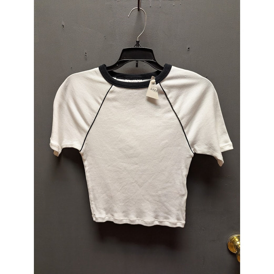 Topshop Fresh White Slash Blue trim  Crop Tee US Size 8 y2K ribbed short sleeve