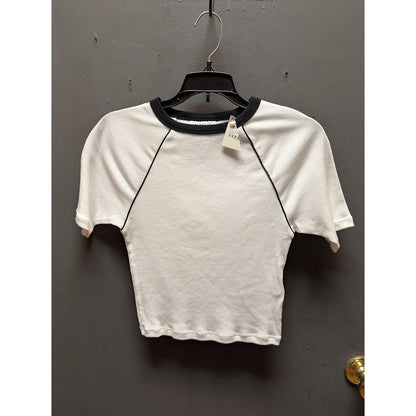 Topshop Fresh White Slash Blue trim  Crop Tee US Size 8 y2K ribbed short sleeve