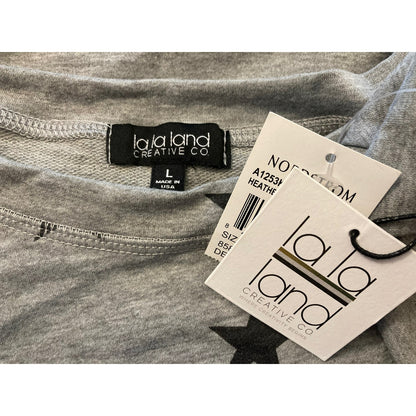 NWT La La Land Soft Long Sleeve Crew Crop Top Sz Large in Gray with Black Stars