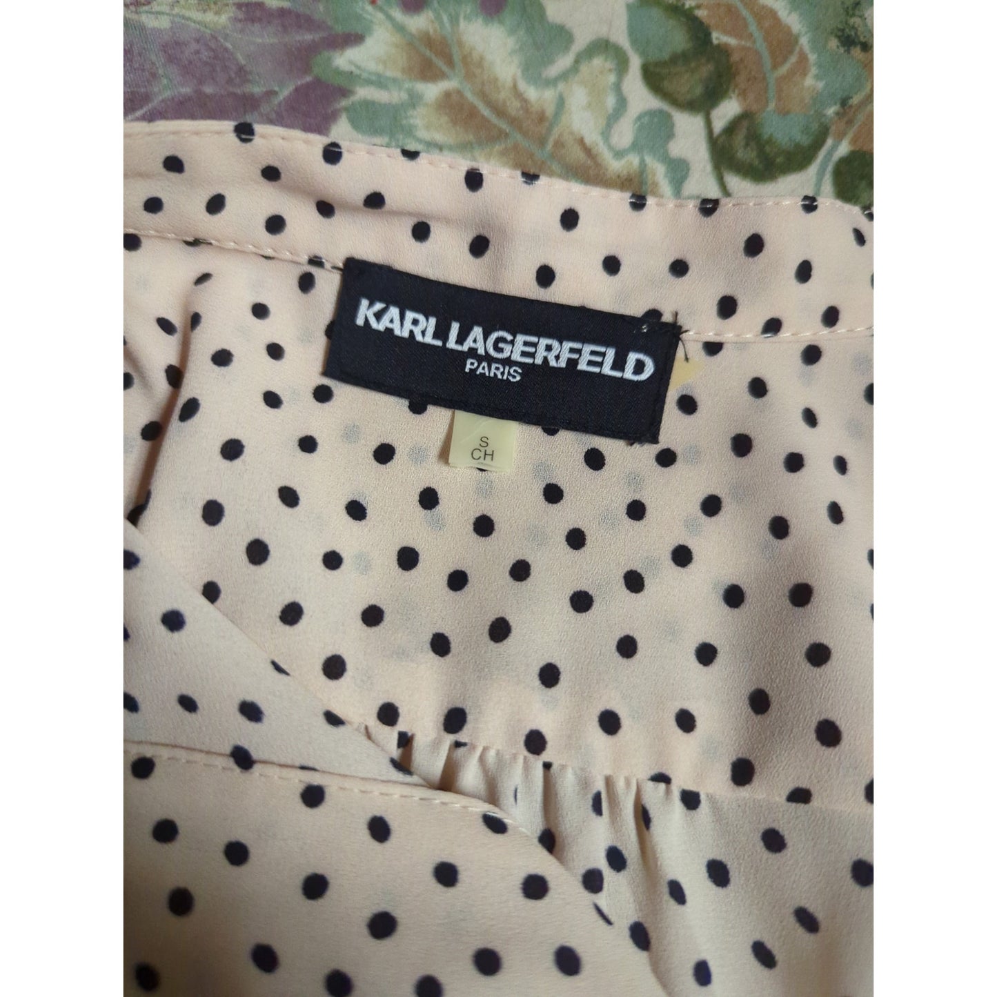 Karl Lagerfeld Pink black Polka Dot Faux Pearl Button Blouse Small Vintage