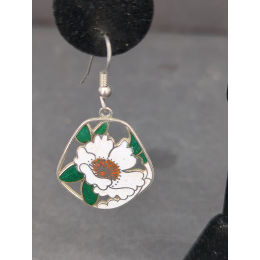 Vintage Floral Cloisonné Enamel Dangle Earrings Silver Tone Pierced Retro