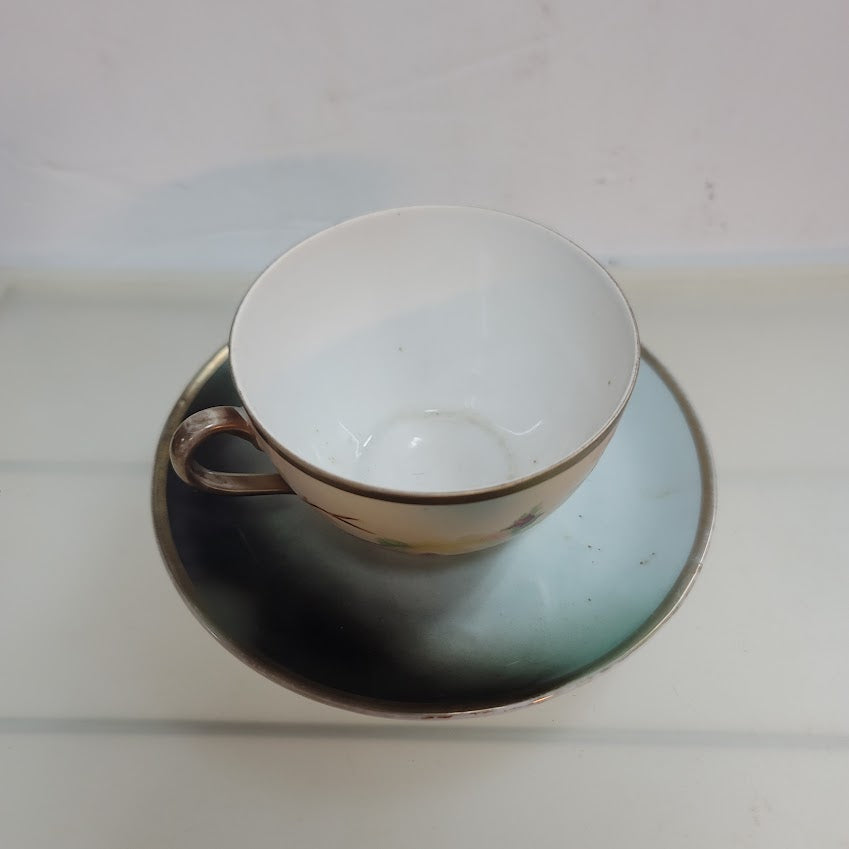 Three Crown China Germany Porcelain Teacup Saucer Floral Handpainted Dainty