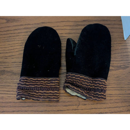 Vintage Black Wool & Leather Fleece-Lined Winter Mittens