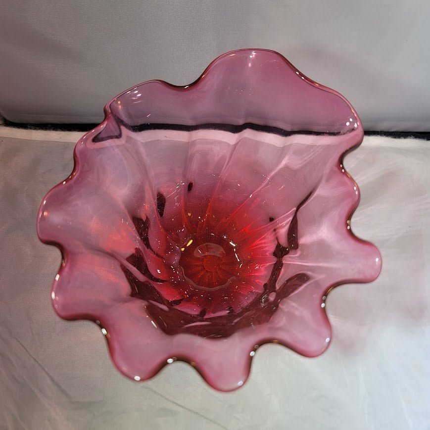 Handblown Art Vase Glass Rob O'Dell 2007 Soffi Studio Pink ruffle top tapered