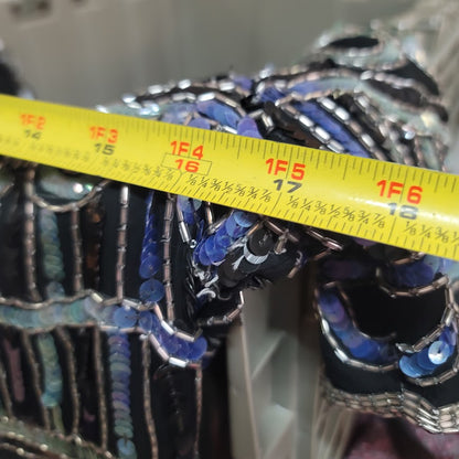 Lawrence Kazar MEDIUM Sequined Shiny Metallic Blue Geometric Blouse keyhole Top