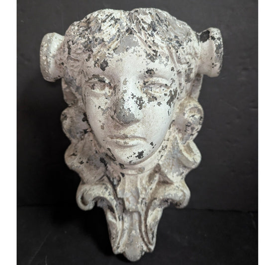 Classical Roman Greek Cast Metal Face Wall Plaque Distressed White Shabby Chic